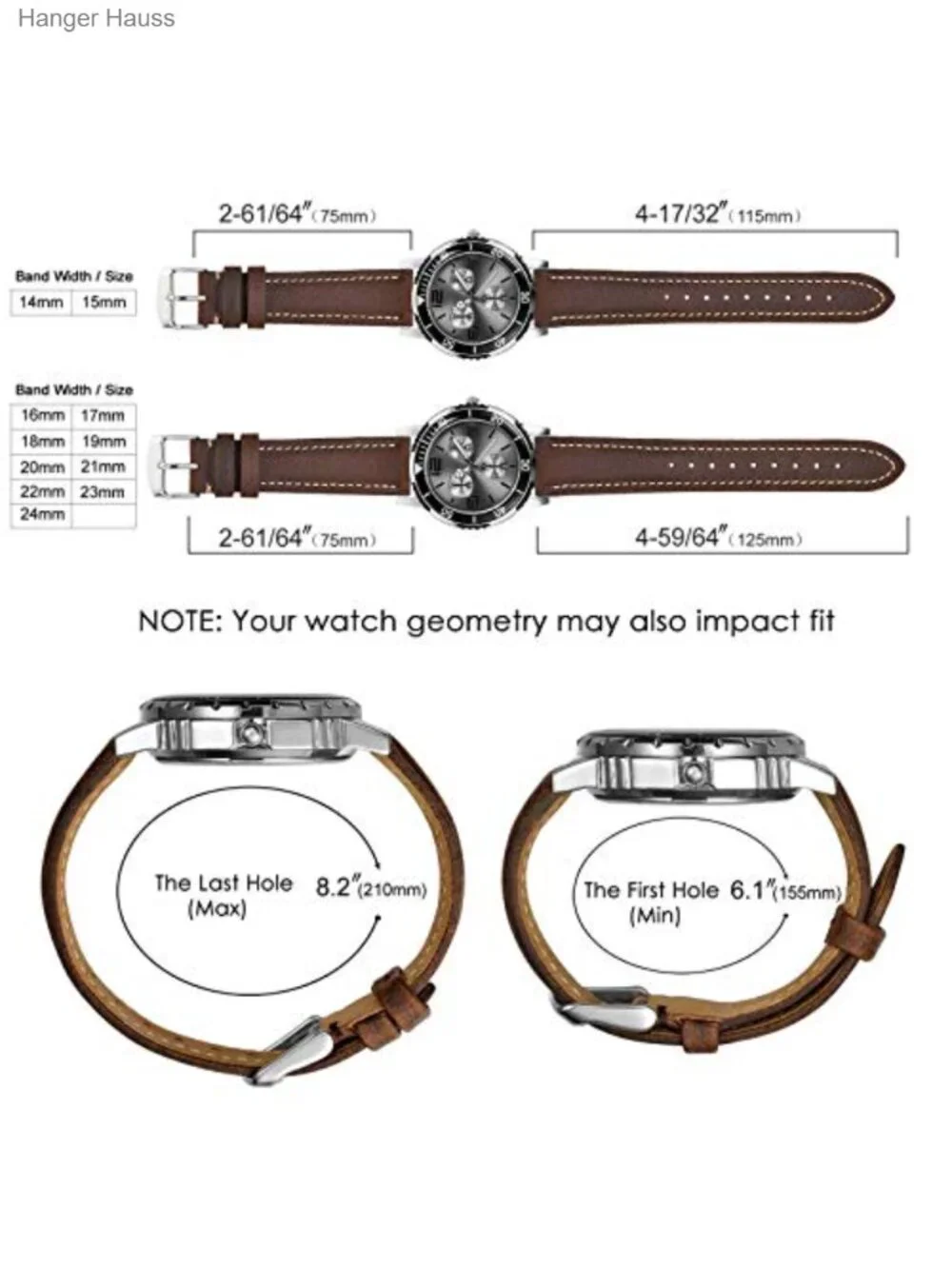 Vintage Leather Watch Band Replacement Strap 14-24mm